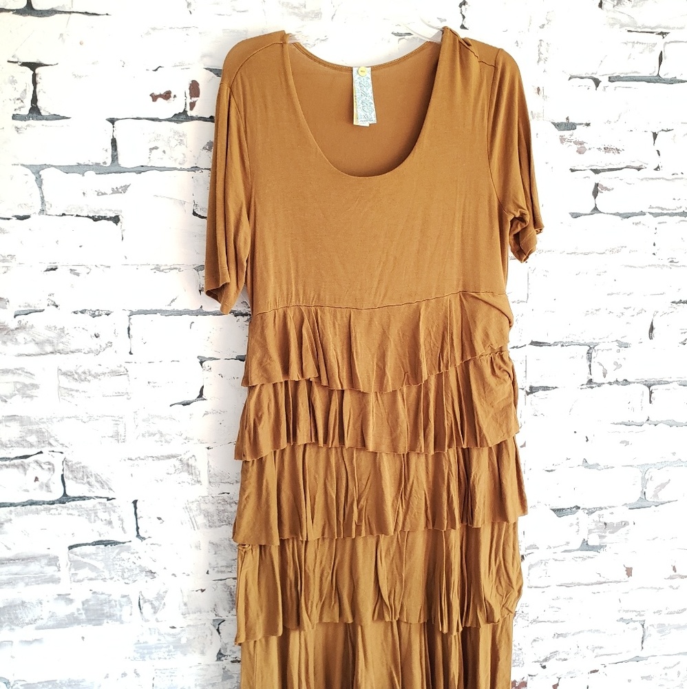DownEast Dark Mustard Ruffle Shift T-Shirt Dress